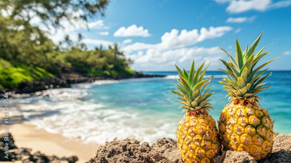Two pineapples on a rock with a beach and ocean in the background. Two pineapples on a rock with a beach and ocean in the background.