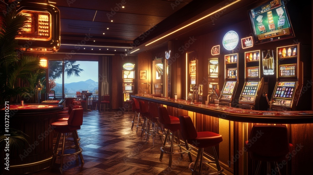 Casino Interior with Row of Slot Machines and High Rollers Bar in Background Casino Interior with Row of Slot Machines and High Rollers Bar in Background