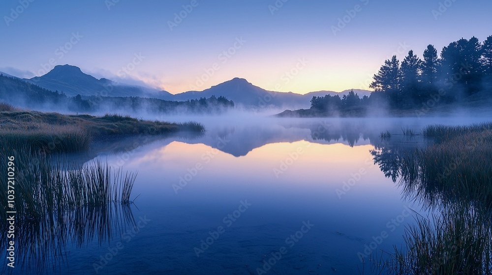 Serene Dawn: Fog Over Still Lake with Mountain Reflections Serene Dawn: Fog Over Still Lake with Mountain Reflections