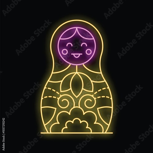 Neon illustration of a smiling russian doll with a floral decoration