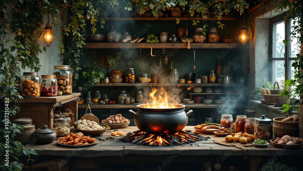 Cozy Rustic Kitchen with Bubbling Cauldron and Vegetables Cozy Rustic Kitchen with Bubbling Cauldron and Vegetables