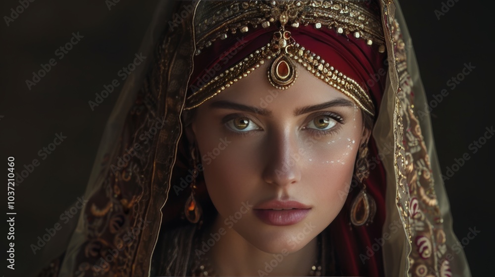 Regal woman in luxurious garments and veil a symbol of power, allure, and mystique Regal woman in luxurious garments and veil a symbol of power, allure, and mystique