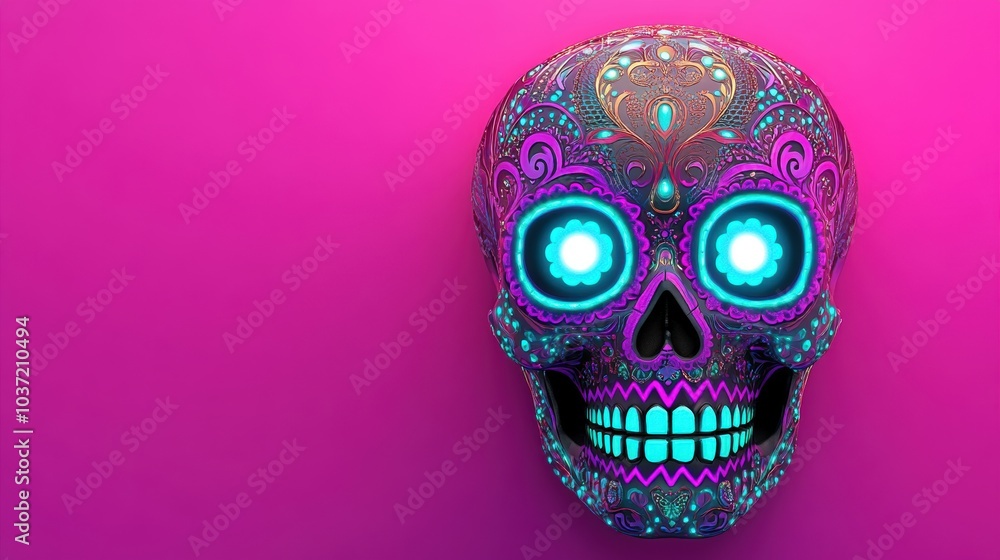 Fototapeta premium A vibrant, decorative skull with glowing blue eyes set against a bright pink background, showcasing intricate patterns and colors.