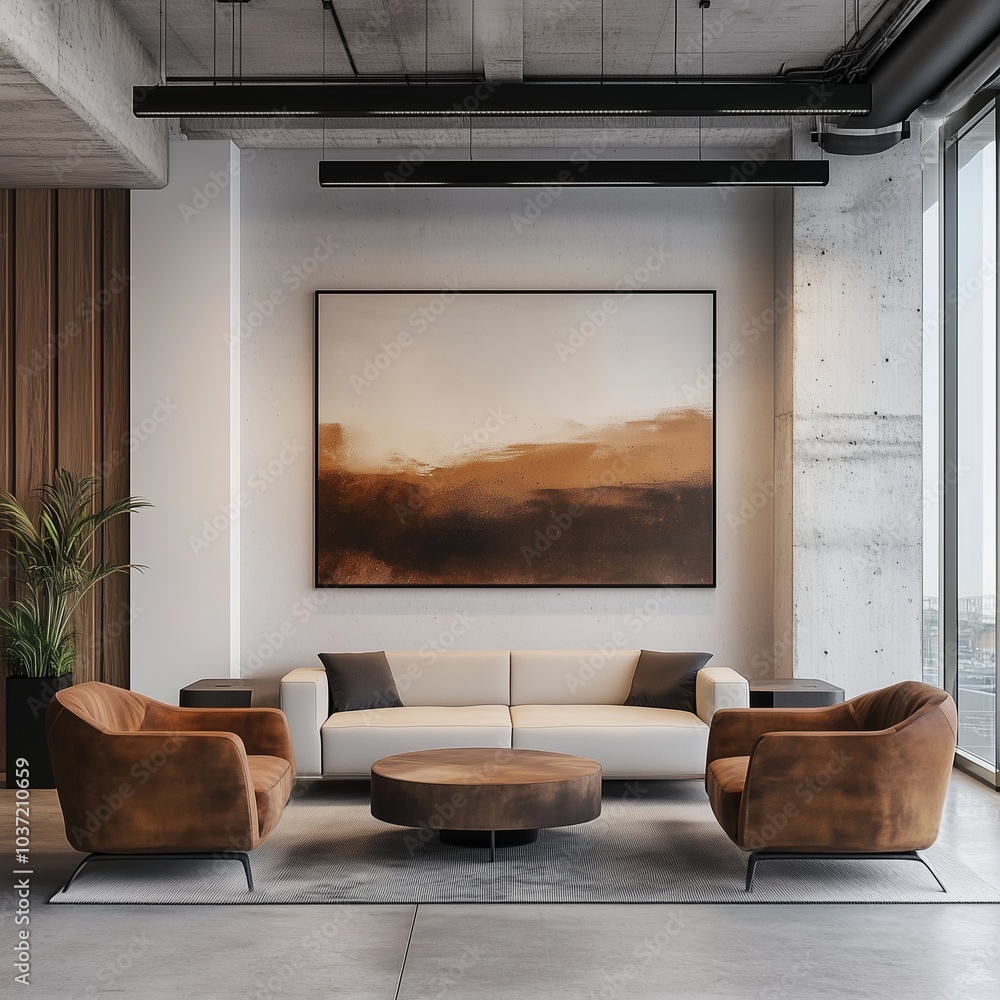 High-tech office sitting area with sofa and armchairs in modern corner ...