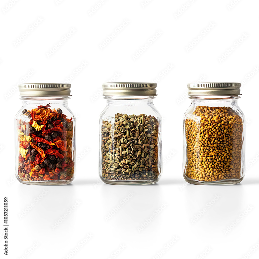Assorted Spices and Herbs in Glass Jars on a Transparent Background Assorted Spices and Herbs in Glass Jars on a Transparent Background
