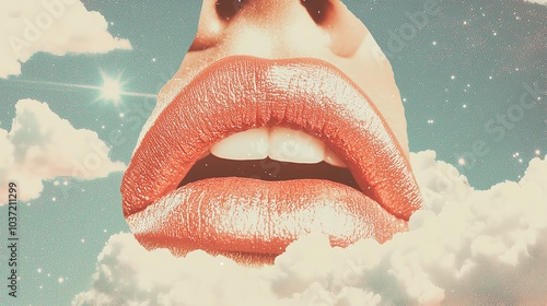 A surreal representation of lips emerging from fluffy clouds, capturing a dreamlike essence and whimsical vibe. photo