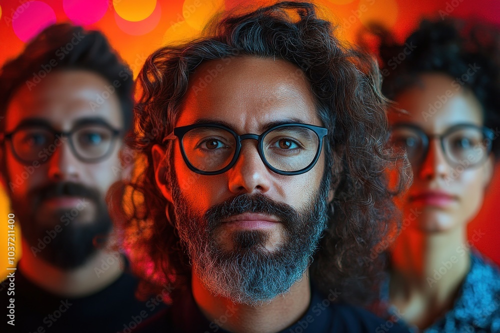 Three individuals with glasses in a colorful, blurred background, showcasing diverse styles. Three individuals with glasses in a colorful, blurred background, showcasing diverse styles.