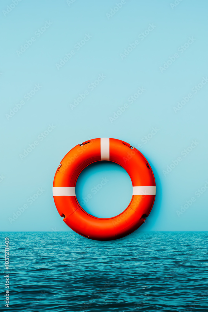 Floating life buoy against a tranquil ocean a symbol of safety and rescue in water activities Floating life buoy against a tranquil ocean a symbol of safety and rescue in water activities