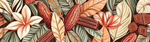 A vibrant illustration featuring cocoa pods, leaves, and flowers, creating a rich and exotic botanical pattern.