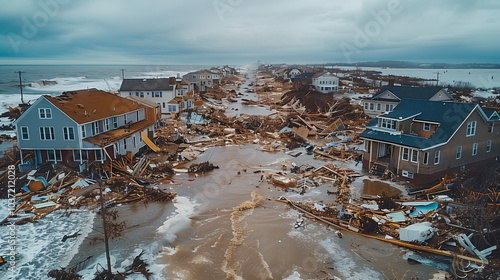 Aerial view of coastal town after hurricane, with uprooted trees, destroyed homes, and debris scattered across the beach, capturing the devastating aftermath of the storm.