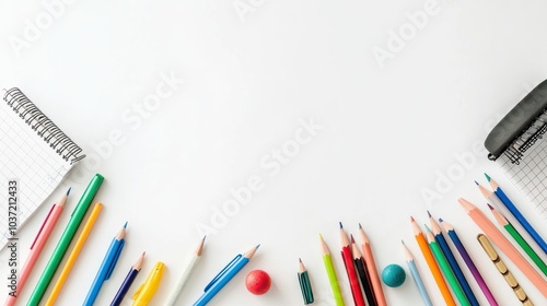 A collection of colored pencils and notepads arranged on a clean workspace.