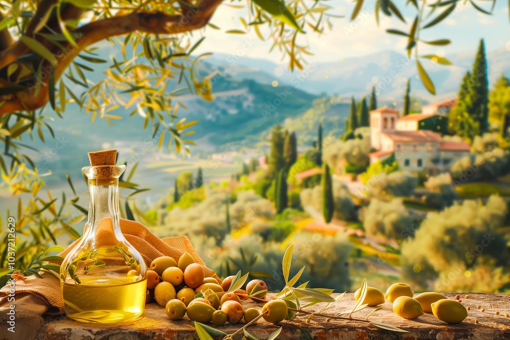 Olive oil and delicious olives on background of picturesque olive grove and mountain village Olive oil and delicious olives on background of picturesque olive grove and mountain village