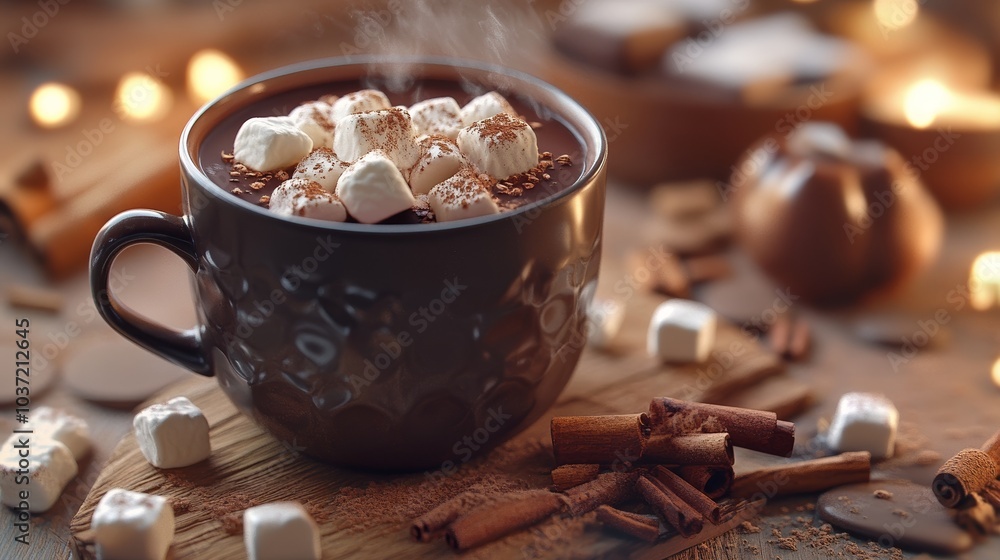 Hot Chocolate with Cinnamon and Marshmallows on a Rustic Wooden Table