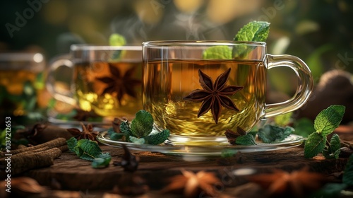 Artisanal Green Tea in a Glass Cup with Herbs and Candle on Wooden Table