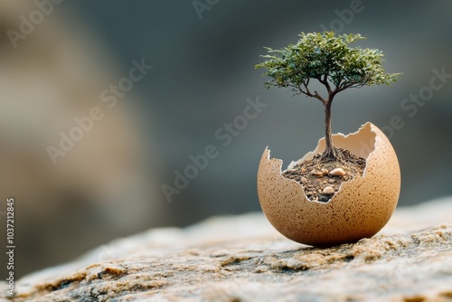 A cracked egg with a tree growing from it symbolizing new life and unexpected beginnings. photo