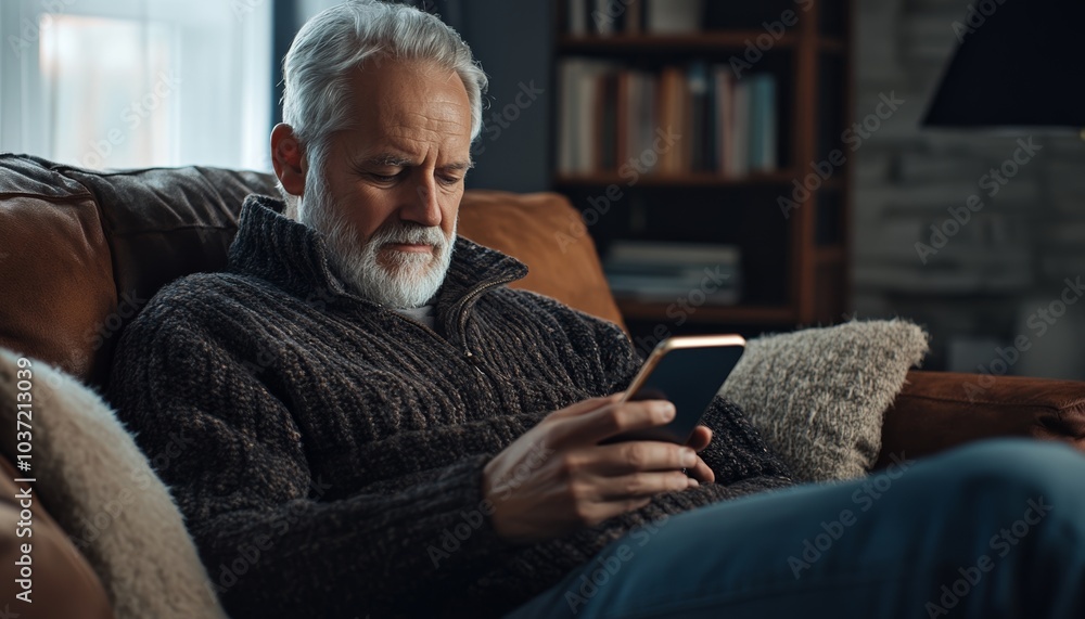 Middle-Aged Old Man Using Smartphone While Relaxing in Living Room Middle-Aged Old Man Using Smartphone While Relaxing in Living Room