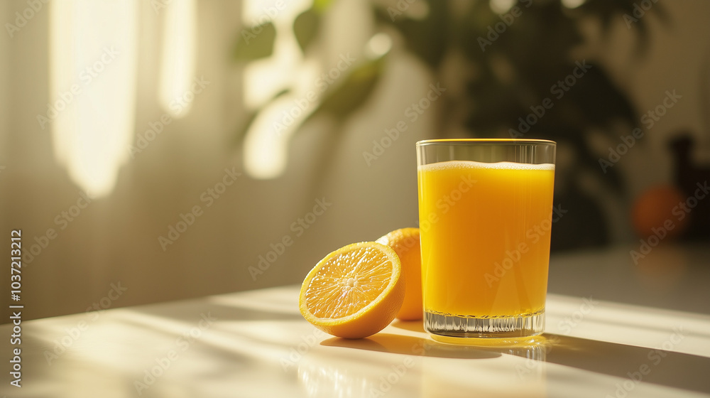 Fototapeta premium Fresh orange juice in glass with sliced orange on sunny table.