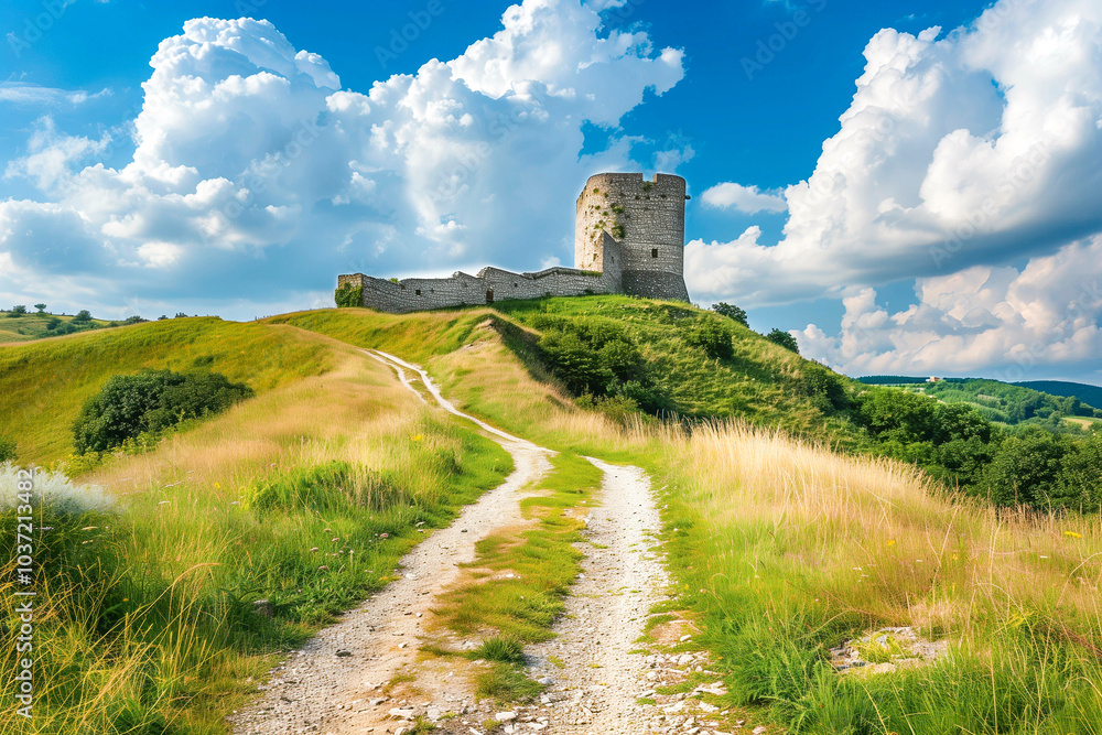 panoramic view of a path leading to an old hilltop castle tower under a blue sky with white puffy clouds panoramic view of a path leading to an old hilltop castle tower under a blue sky with white puffy clouds