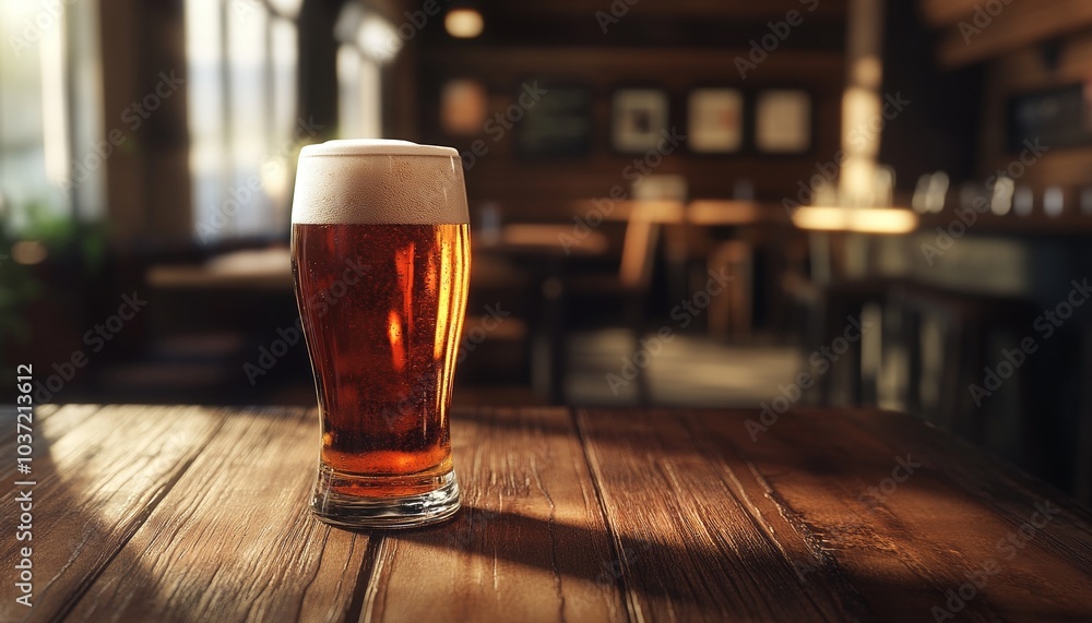 Glass of Beer on a Wooden Table in Cozy Pub Setting Glass of Beer on a Wooden Table in Cozy Pub Setting