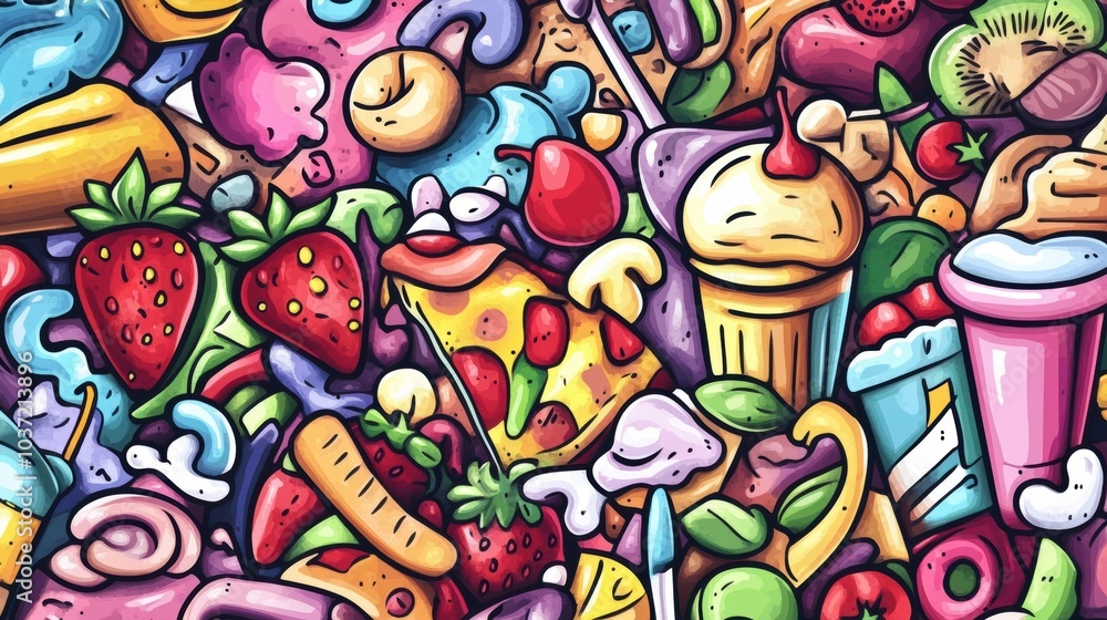 A vibrant assortment of doodles showcases various foods including pizza, ice cream, fruits, and beverages, celebrating culinary delights. Generative AI A vibrant assortment of doodles showcases various foods including pizza, ice cream, fruits, and beverages, celebrating culinary delights. Generative AI