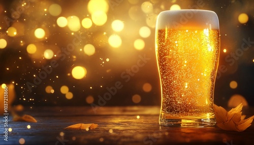 Golden Beer on Blurred Background with Foam on Top