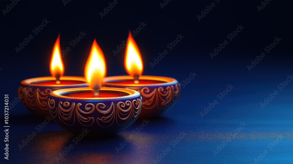 Beautiful ceramic diya lit for Diwali with festive decorations on stunning dark blue background Beautiful ceramic diya lit for Diwali with festive decorations on stunning dark blue background