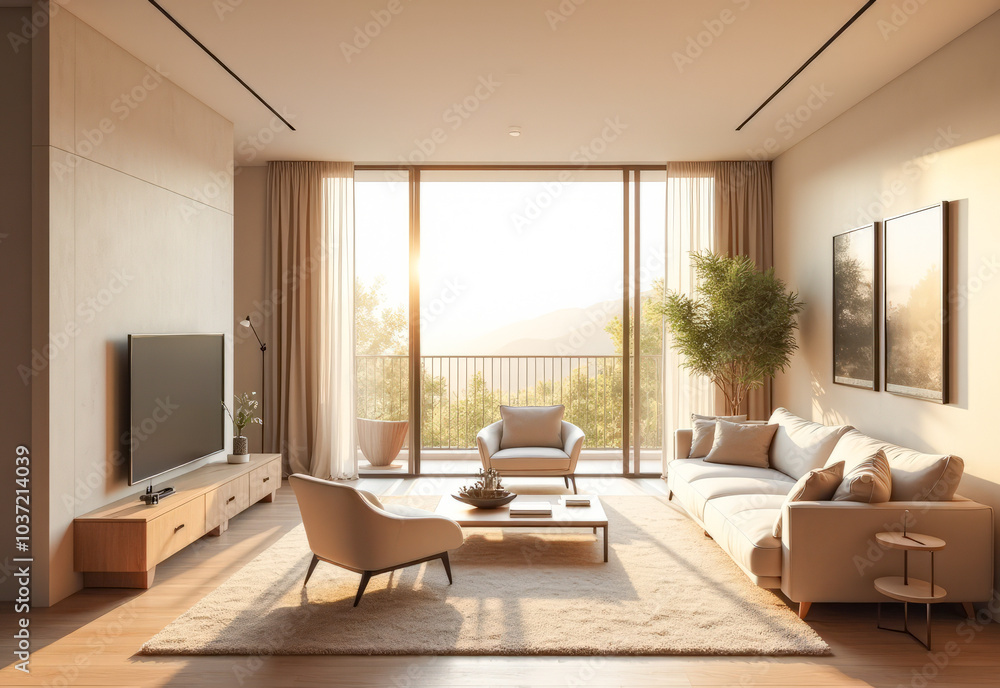 Fototapeta premium modern stylish living room with sofa TV on the wall upholstered chairs large window