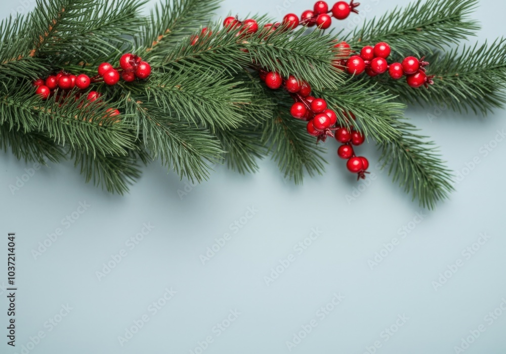 Christmas border made of fir branches and red berries on blue background with copy space Christmas border made of fir branches and red berries on blue background with copy space