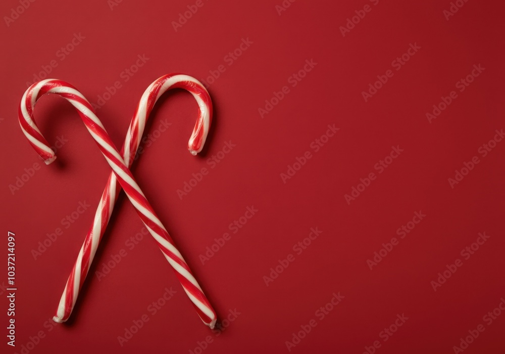 Two candy canes are crossing on a simple red background Two candy canes are crossing on a simple red background