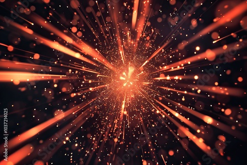 Abstract orange explosion of light and particles on a dark background photo