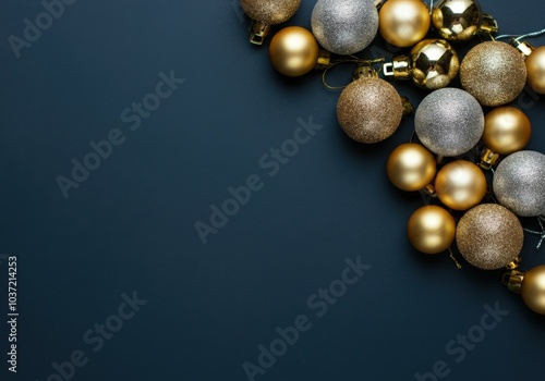 Golden and silver christmas decoration balls of different sizes lying on dark blue background forming right border