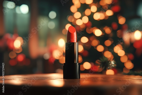 Vibrant lipstick stands out against a beautifully blurred Christmas background, evoking festive cheer and style. photo