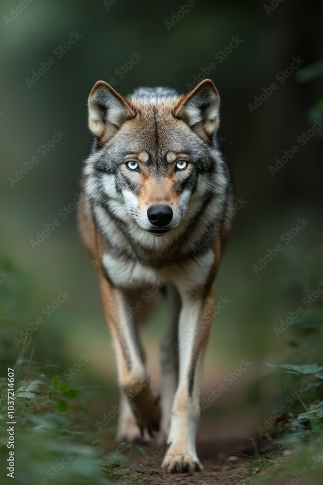 A wolf walking along a forest path, showcasing its striking features and intensity. A wolf walking along a forest path, showcasing its striking features and intensity.