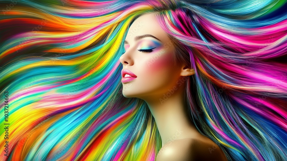 Vibrant rainbow-colored hair flows in mesmerizing waves, framing a serene face with closed eyes and pink lips, embodying creativity and self-expression. Vibrant rainbow-colored hair flows in mesmerizing waves, framing a serene face with closed eyes and pink lips, embodying creativity and self-expression.