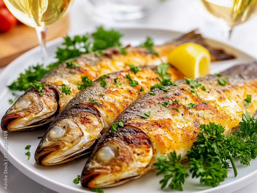 dinner concept for two. two glasses of white wine, baked fish dinner concept for two. two glasses of white wine, baked fish
