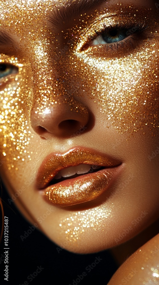 Dazzling close-up of a face adorned with shimmering gold glitter makeup, highlighting vibrant blue eyes and glossy bronze lips against dark background. Dazzling close-up of a face adorned with shimmering gold glitter makeup, highlighting vibrant blue eyes and glossy bronze lips against dark background.