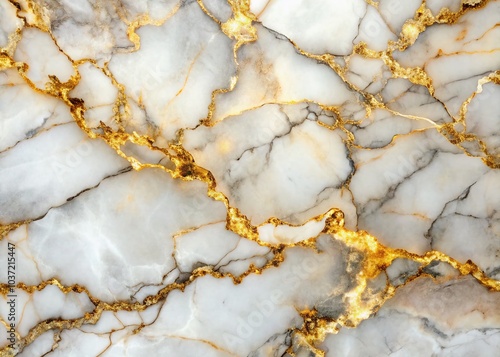 Elegant White Marble with Grey and Golden Veins Close-Up for Background and Texture in Surreal Photography