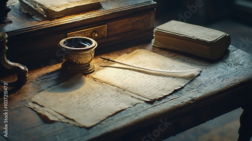 Vintage Inkwell and Quill Pen on Rustic Wooden Desk with Parchment