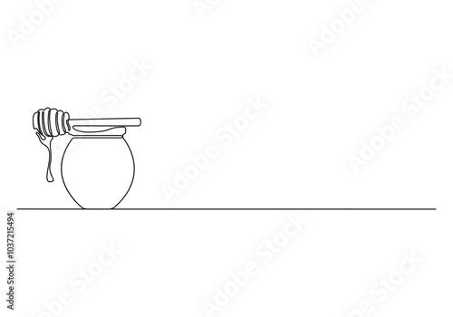 Glass canning jar and big spoon with honey continuous one line drawing style. Food preserve. Single line drawing of honey glass jars. Sweet pure honey. Food preserve. Hand drawn vector illustration