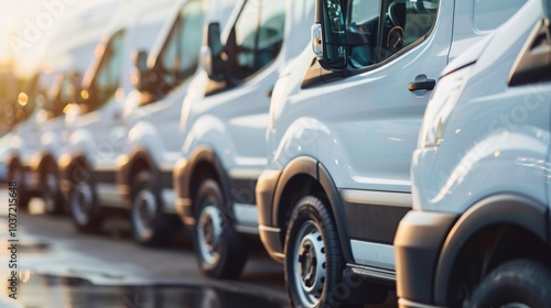 A fleet of white commercial vans lined up in a row, reflecting golden sunlight, showcasing their readiness for delivery or service operations. photo