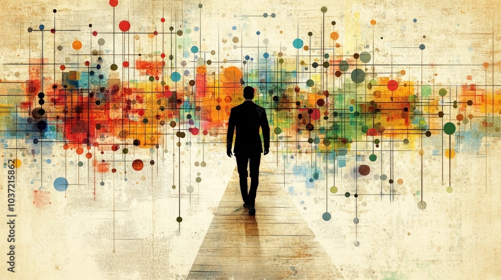 A lone businessman walks forward on a path of interconnected dots and lines, representing a journey through a complex network. A lone businessman walks forward on a path of interconnected dots and lines, representing a journey through a complex network.