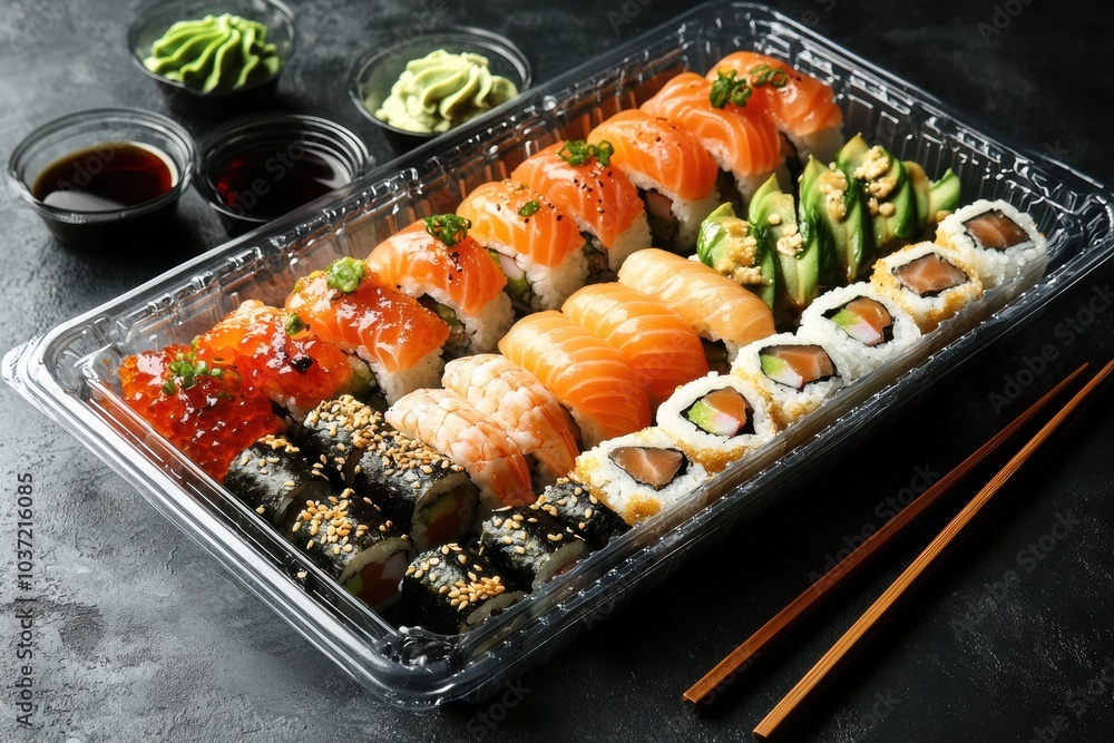 An enticing assortment of sushi rolls and sashimi is beautifully arranged on a catering platter, perfect for any gathering. Generative AI An enticing assortment of sushi rolls and sashimi is beautifully arranged on a catering platter, perfect for any gathering. Generative AI
