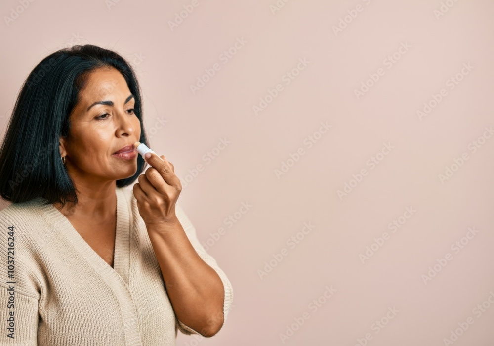 Middle-aged latin woman with dark hair and a white sweater is applying lip balm, showcasing a skincare or makeup routine Middle-aged latin woman with dark hair and a white sweater is applying lip balm, showcasing a skincare or makeup routine