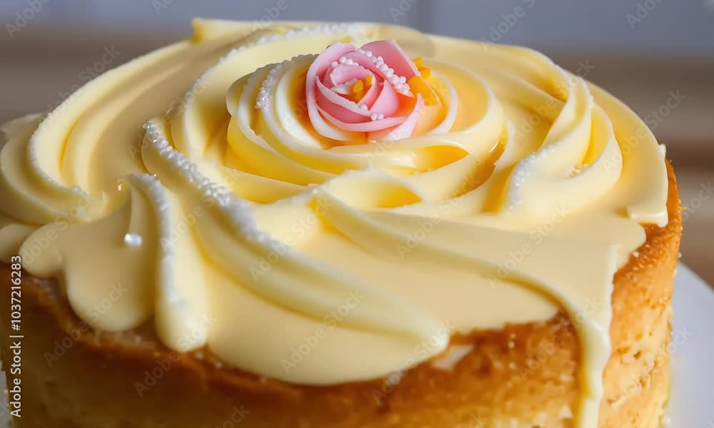 Elegant mini sponge cake decorated with cream and fresh raspberries on a stand Elegant mini sponge cake decorated with cream and fresh raspberries on a stand
