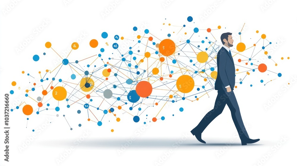 Businessman walking through network of connected data points, symbolizing interconnectedness and growth. Businessman walking through network of connected data points, symbolizing interconnectedness and growth.