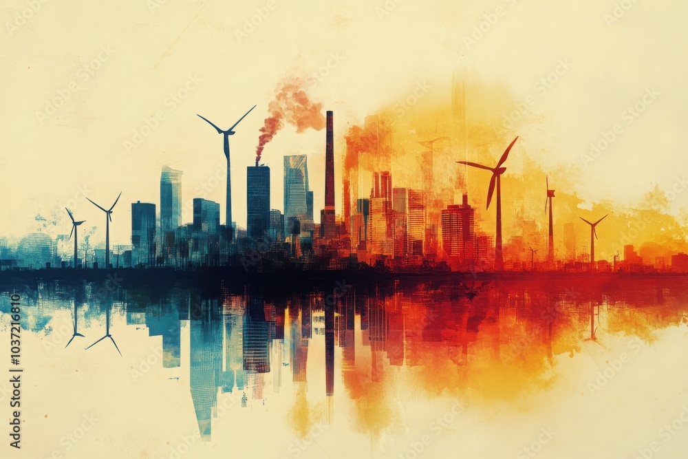Obraz premium City skyline blending industry and renewable energy