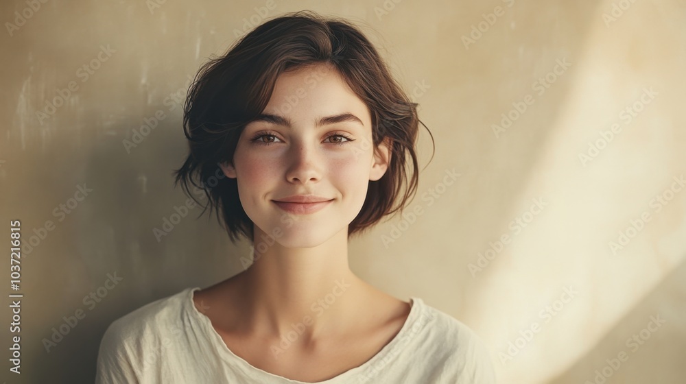 Portrait of a young woman with short brown hair and a radiant smile, set against a simple, neutral background. Portrait of a young woman with short brown hair and a radiant smile, set against a simple, neutral background.