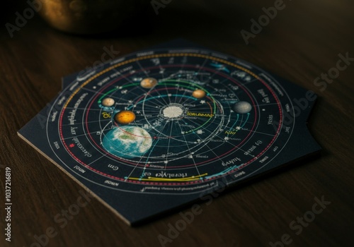 Geocentric model of the solar system is shown lying on a wooden table