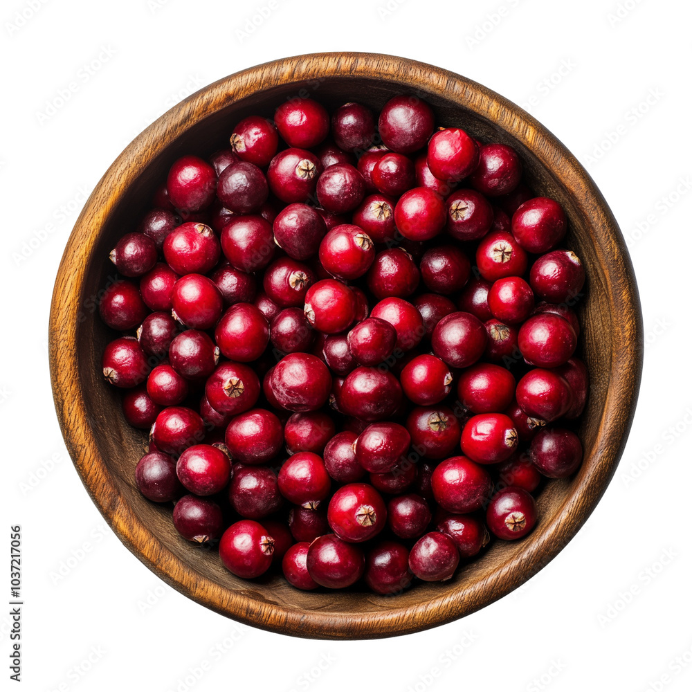 Top View Fresh Cranberries in Wooden Bowl on Transparent Background Top View Fresh Cranberries in Wooden Bowl on Transparent Background