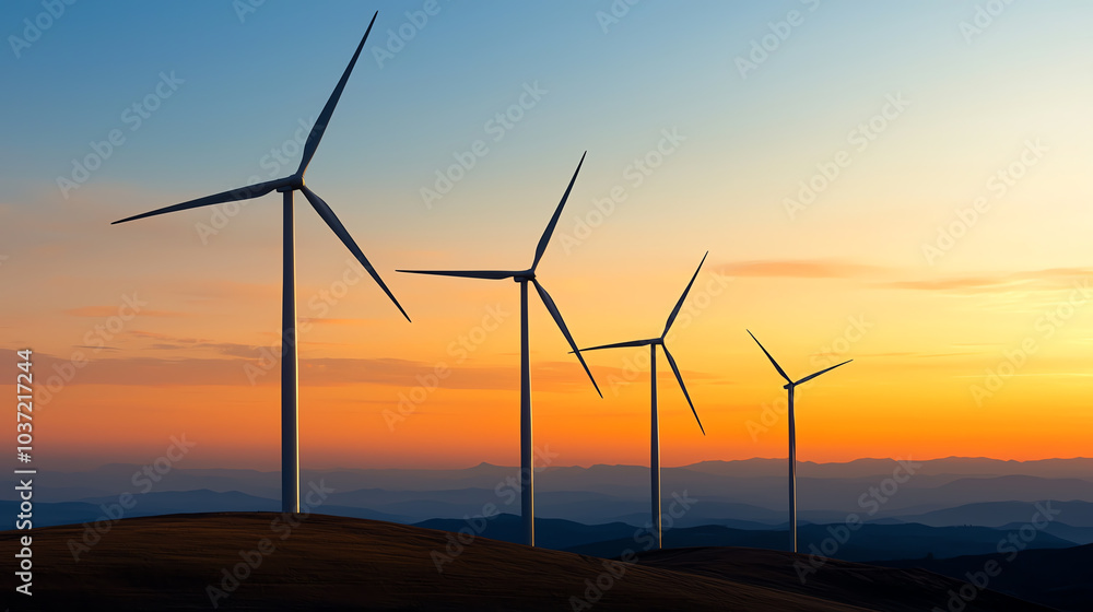 Fototapeta premium Harnessing nature's power a stunning sunset over wind turbines in the landscape